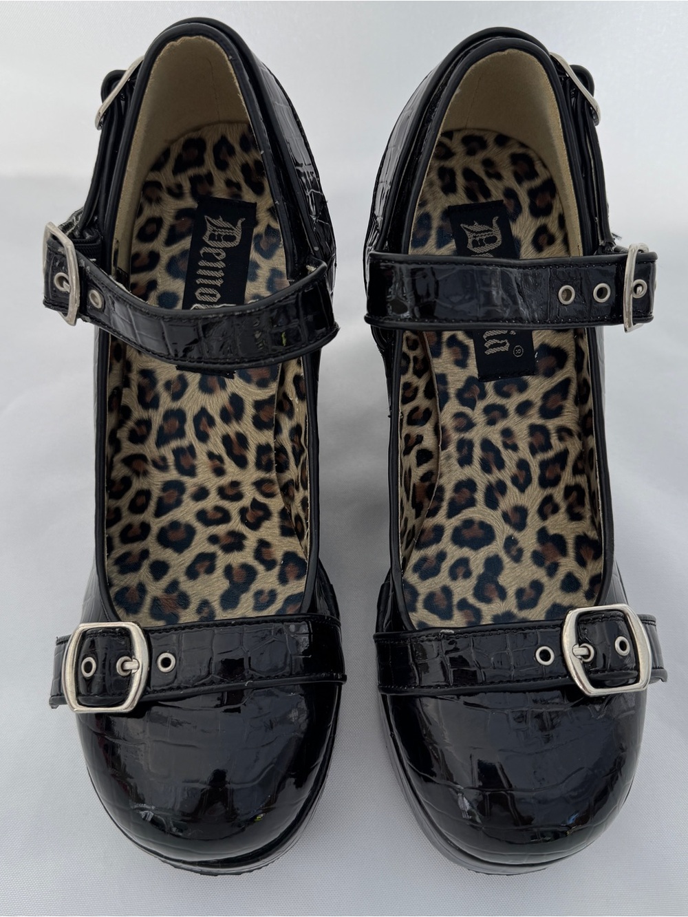 Demonia Black Croc Patent Leather Mary Jane Platforms with Leopard Insole size10